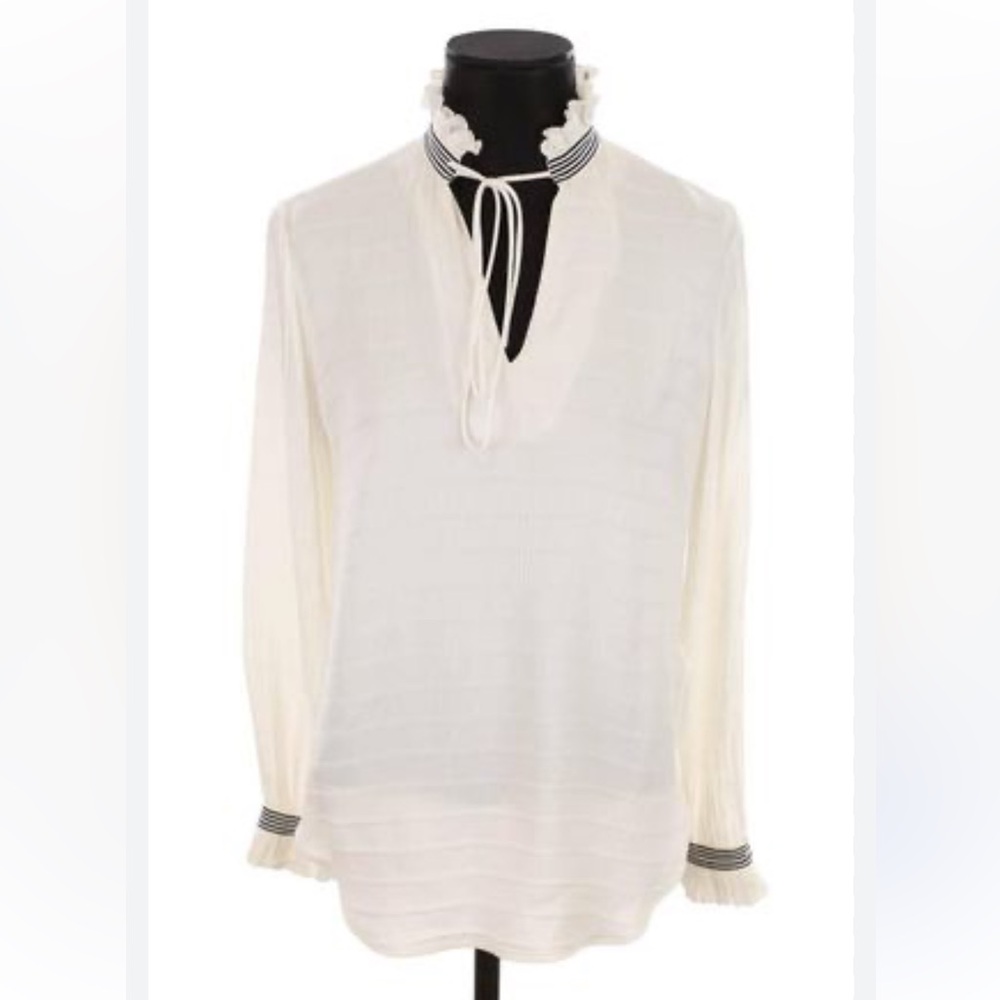 Talbots textured cream chiffon ruffled high neck top navy ribbon trim NWT Small